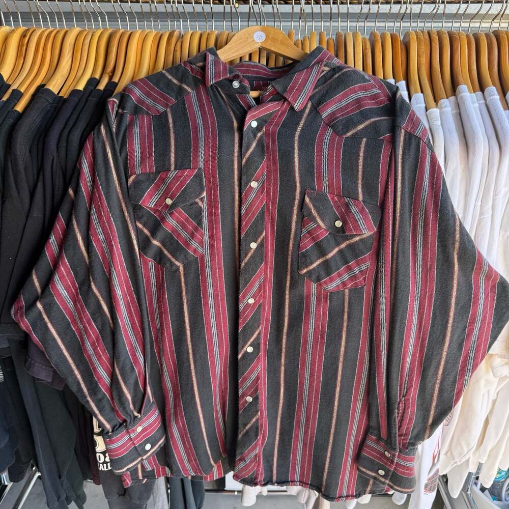 Vintage Wrangler Big Man Western Shirt Red and Black Striped Pearl Snap